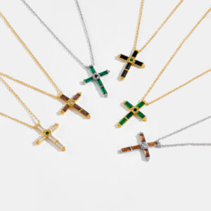 S925 Sterling Silver Multicolor Rectangular Zircon Cross Hanging Necklace - Image 3